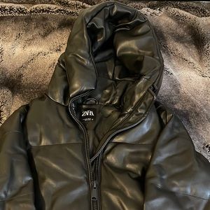 ZARA black puffer leather long jacket